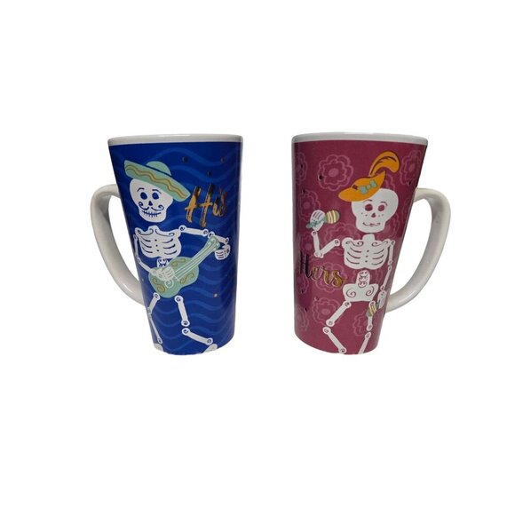 His &‎ Hers Skeleton Coffee Mugs Ceramic 16 oz Dia de Los Muertos Design - Picture 2 of 9